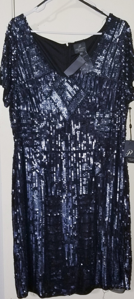 Adrianna Papell beaded navy cocktail dress.